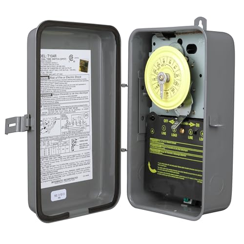 Intermatic T104R 24 Hour Mechanical Timer Switch - 208–277 VAC, DPST, Type 3R Indoor/Outdoor Metal Enclosure, Heavy-Duty, Manual Override, 40 Amp – Ideal for Lights, Pumps, Fans, and HVAC Systems