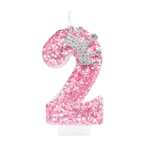 mciskin Velas de coroa de aniversário para meninas, decorações rosa de segundo aniversário para menina, vela com purpurina número 2 para bolo, velas de lantejoulas rosa com coroa para decorações