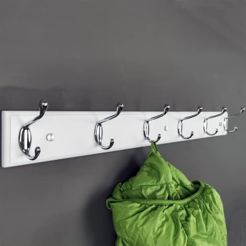 lomejii Long Wooden wall Mounted Coat Rack Wood White 6 Hooks, 70 cm, Sturdy Silver Coat Hook Rack for Clothes Hats, Bags - Image 4
