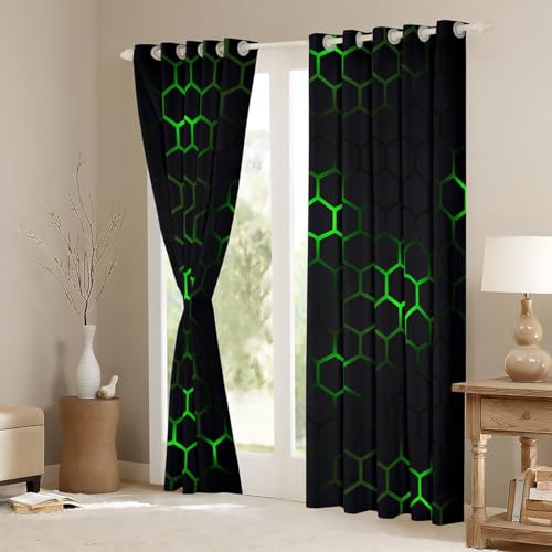 Honeycomb 30%-50% Blackout Curtains W66*L90 Modern Hexagon Theme Curtains for Bedroom Boys Girls Children Geometrical Darkening Drapes Beehive Green Window Treatments - Image 3