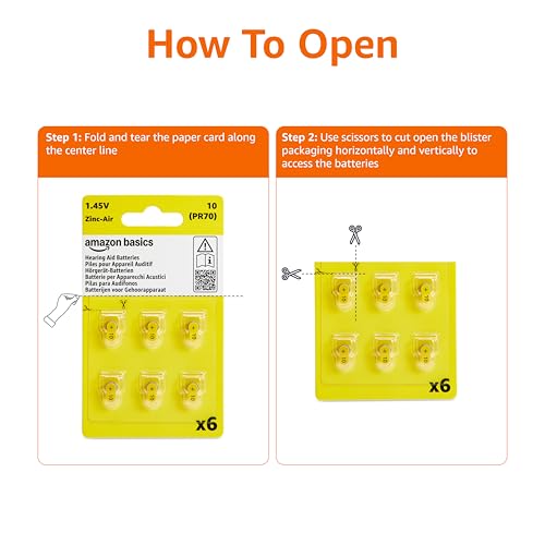 Image of Amazon Basics 60-Pack Size 10 Hearing Aid Batteries, Zinc-Air Technology, 1.45 Volt, Yellow Tab, 4-Year Shelf Life, Mercury-Free, Child-Safe Package (Use Scissors to Open)