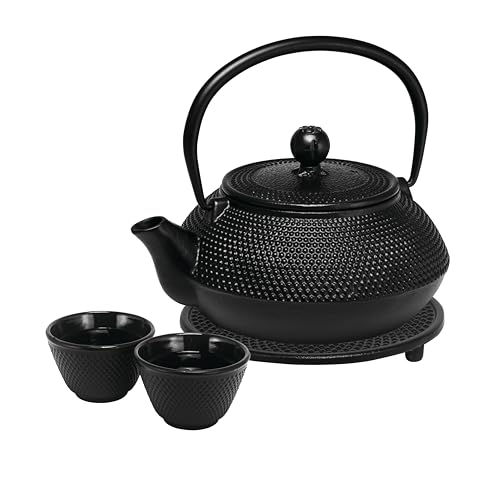 Avanti Hobnail Cast Iron Teapot Set, Black, with Stainless Steel Strainer/Infuser