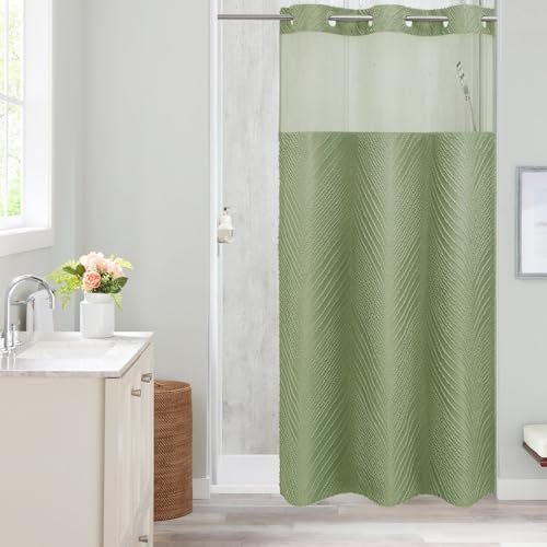 Craidlela Sage Green Boho Small Stall Shower Curtain 36 x 74, No Hook Half Size Narrow Modern Fabric Shower Curtain with Snap in Liner, Hotel Style Shower Curtain with See Through Top Window