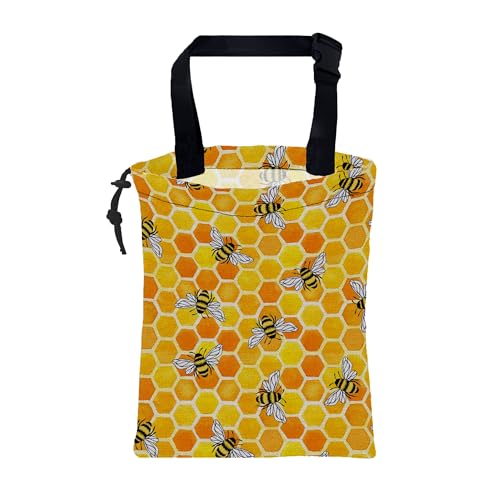 Image of Car Trash Bag Watercolor Honeycomb and Bees Leak-Proof Waterproof Car Garbage Bag with Drawstring Foldable Canvas Trash Bin with Adjustable Buckle for Car Accessories, Travelling, Camping