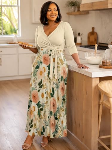 Image of PinkPatty Plus Size Maxi Dress for Women Casual V Neck 3 /4 Sleeve Boho Printed Long Dress with Pockets