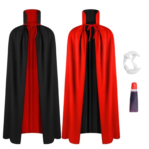 AOOWU Largo Disfraz Vampiro, 150cm Vampiro Capa para Mujeres Hombres, Cuello Alto, Desgaste de Doble Cara, Capa de Mascarada Halloween con Dentadura Postiza y Plasma Falso (3pcs-Estilo C)