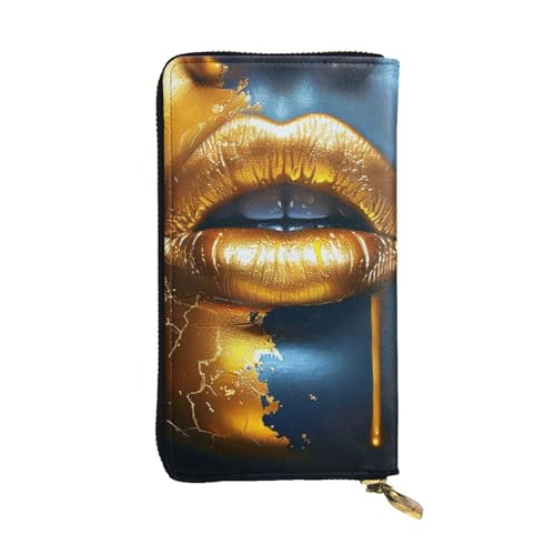 Gold Lips Printed Long Wallet for Women Men Cute PU Leather Wallet with Coin Purse and Credit Card Holder