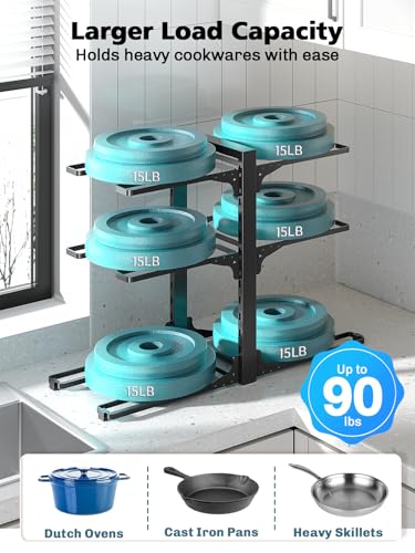 Image of MUDEELA 6-Tier Pots and Pans Organizer under Cabinet, 13.78 inch Height Heavy Duty Pot and Pan Organizer Kitchen Cabinet Organization and Storage, Adjustable Pot Rack for Frying Pan, Cast Iron Skillet