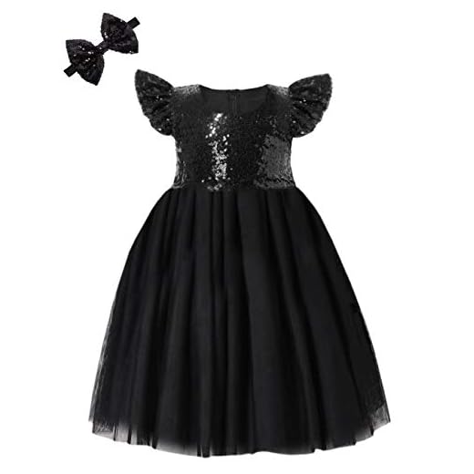 Cilucu Baby Girl Sequin Ruffle Dress Tutu Flower Girls Dress for Wedding Bridesmaid Princess Dress Sparkle Kids Birthday Party Gown Glitter Children Halloween Black Size 2-3T