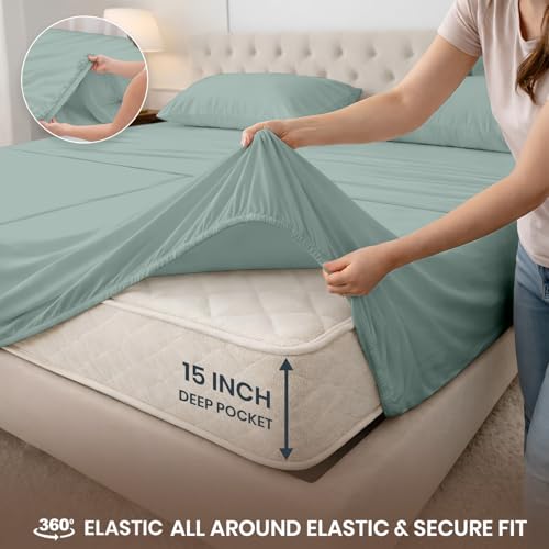 Image of SGI Split King Sheet Set for Adjustable Bed Egyptian Premium Cotton 600 Thread Count Sheets for Sleep Number Bed 15 inch Deep Pocket 5 Pc Set with 2 Twin XL Fitted Sheets Soft Breathable -Aqua Green