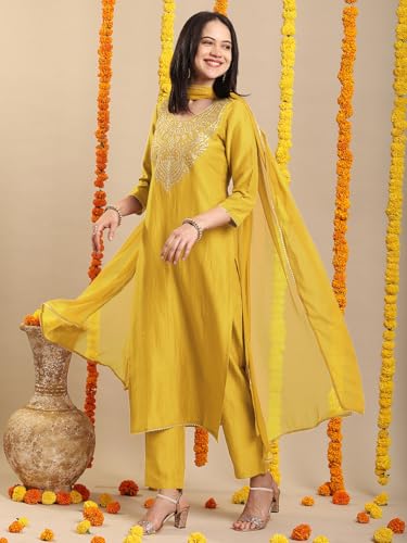 Image of GoSriKi Women's Rayon Viscose Embroidered Straight Kurta with Pant & Dupatta