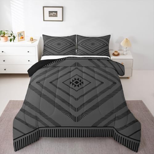 Image of Feelyou Aztec Comforter Set Twin Size Boho Bedding Set for Kids Boys Girls Black Moroccan Style Duvet Quilt Classic Diamond Pattern Bedroom Decor Microfiber 2 Pcs with 1 Pillow Cases
