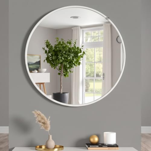 Image of Round Wall Mirror in Gold I Metal Frame Mirror I Modern Design Metal Frame Mirror in Medium Size I Bathroom Wash Basin, Bedroom, Drawing Room (White 30 inch)