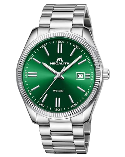 MEGALITH Reloj Hombre Acero Negocios: Analogico Formal Relojes con Fecha Luminosa   Regalo para Business Hombre Aniversario Cumpleaños Día del Padre   Plata Verde