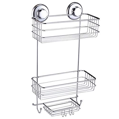 HASKO accessories Suction Cup Shower Caddy - Basket for Shampoo, Conditioner, Soap, Razors - Stainless Steel - (Chrome)