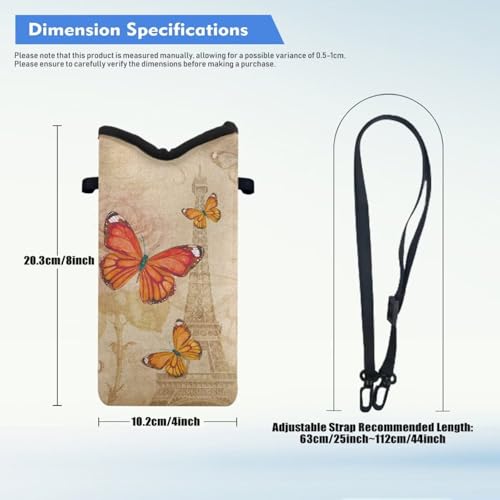 Image of Neoprene Mobile Phone Pouch Waterproof and Shockproof Cellphone Protective Bag with Adjustable Strap Lightweight Mini Smartphone Purse Travel Essentials, Eiffel Tower Butterfly Rose Retro