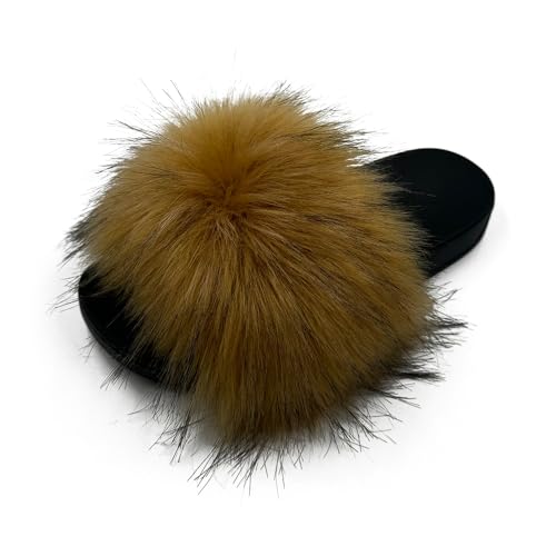 Women's Faux Fur Slides Slippers Fluffy Fuzzy Sandals Open Toe Furry Slide Flip Flop Indoor Outdoor