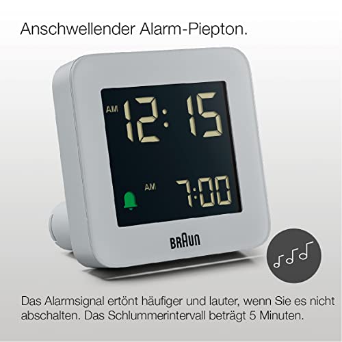 Image of Braun Digital Alarm Clock with Snooze, Negative LCD Display, Quick Set, Crescendo Beep Alarm in Grey, Model BC09G.