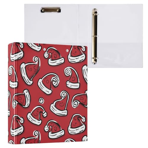 Fustylead Cartoon Santa Hats in Red and White 3 Ring Binders, Hardcover Folder for School and Office, Durable 1.5" D-Rings, Holds 200 Sheets of A4 Paper, Clipboard & 3 Clear Pockets