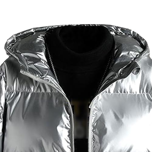 Men's Thicken Hooded Silver Jacket Bright Metallic Shiny Slim Fit Coat Male Padded Bomber Winter Hood Outwear3