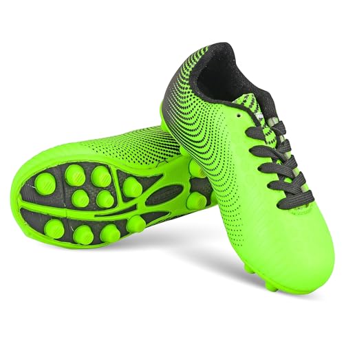 VIZARI Stealth Firm Ground - Botas de fútbol duraderas para niños con forro antielástico, zapatos unisex con cómodo talón acolchado, resistentes al agua y duraderas, verde y negro, 10 UK Child