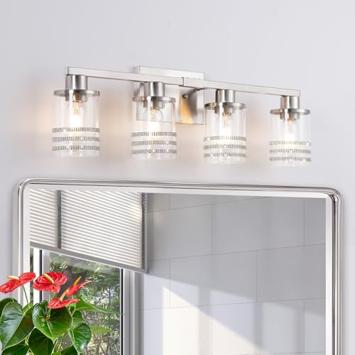 Image of YYT Brushed Nicekl Bathroom Light Fixtures 4 Light Bathroom Vanity Light Brushed Nicekl Vanity Lights for Bathroom with Clear Glass Shade