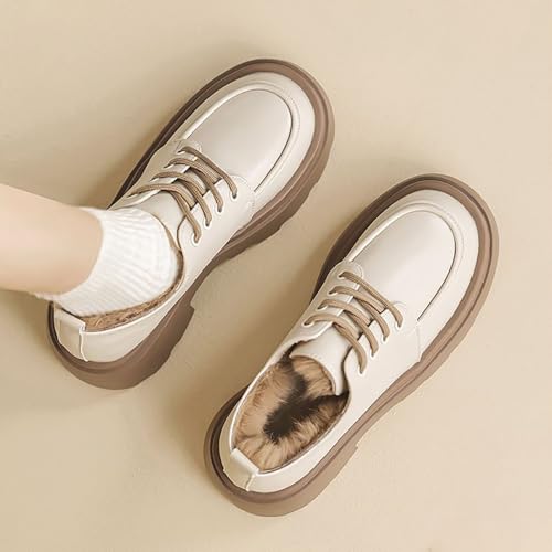 Women's Cozy Plush Lined Oxford Chunky Heeled Brogues with Laces, Winter Style Platform Footwear Oxfords Creepers Dress Leather Shoes3