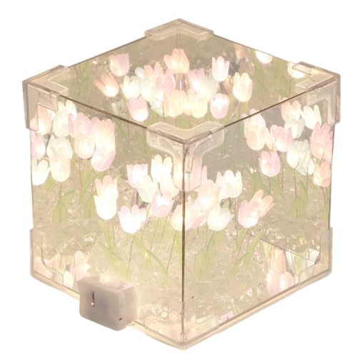 plplaaoo Lámpara de espejo de cubo de tulipán LE LED LED NIGHT 2 en 1 HD Mirror y Luz de Tulipán decorativa de bricolaje hecho a mano para mujeres Madres Cumpleaños Acrílico de Navidad (Vistoso)