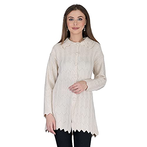 Image of LADY WILLINGTON Women Woolen Double Collar Daffodil Fabric Cardigan Winter Wear Pure Wool Cardigan for Women Free Size Long Cotty Warm Cardigans with Side Pockets
