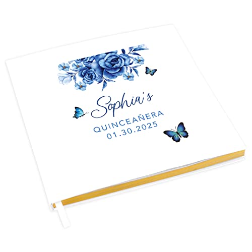 Andaz Press Personalized Quinceañera Guest Book with Gold Accents, Blue Butterflies & Florals, 120 Pages 8.5"x8.5" Hard Cover Photo Album for Mis Quince Años XV 15th Birthday Decorations, 1-Pack -  Koyal Wholesale, A3PP08837