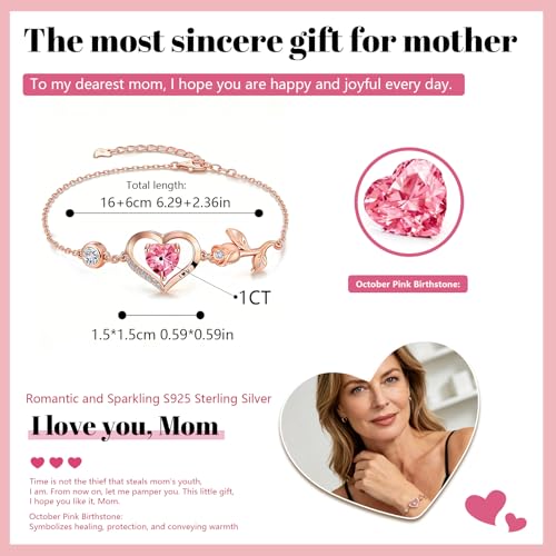 Image of 1CT Rose Heart Bracelet Moissanite Lab-Grown Sapphire Ruby Emerald&More 18K White Rose Gold Plated Anniversary Birthday Gift for Wife Girlfriend Mom Daughter Mothers Day Gift for Mom