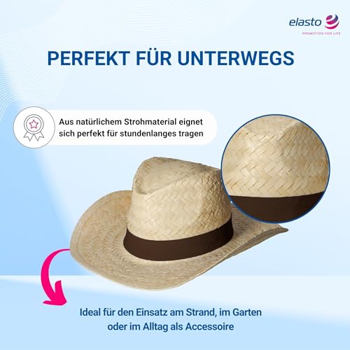 Strohhut ’Texas’ Unisex - Vielseitiger Sonnenhut für Damen und Herren - stylischer Cowboyhut mit Klettverschlussband als Hingucker - Perfekt für Garten, Strand und Urlaub, Farbe:natur/braun