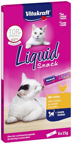 Vitakraft Liquid Snack, golosina para gatos, snack cremoso para gatos, con pollo y taurina, en sobres individuales, favorece los ojos y el corazón (1 paquete de 6x 15g)