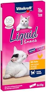 Vitakraft Liquid Snack, golosina para gatos, snack cremoso para gatos, con pollo y taurina, en sobres individuales, favorece los ojos y el corazón (1 paquete de 6x 15g)