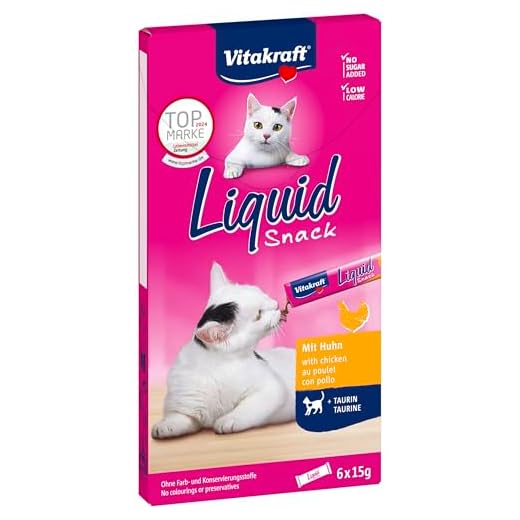 Vitakraft Liquid Snack, snack líquido para gatos con pollo, textura suave y cremosa, delicioso aperitivo gatos, con taurina, favorece la función ocular y cardiaca, bajo en calorías (1 pack de 6 x 15g)
