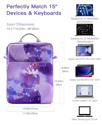 Image of MoKo 15 Inch Laptop Sleeve Bag Fits New Mac Air 15 inch M5 2026, Mac Pro 14 inch M5 /M5 Pro /M5 Max 2026, Galaxy Tab S9 Utra 14.6 inch 2023, Handle Carrying Case with Shoulder Strap, Purple Starry Sky