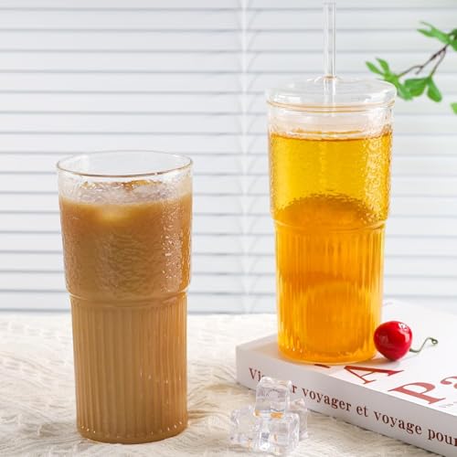 Image of Ash & Roh 550ml Large Ribbed Glass Cup with Straw, Reusable Glass Tumbler with Lid for Iced Coffee, Bubble Tea, and Smoothies (Pack of 1)