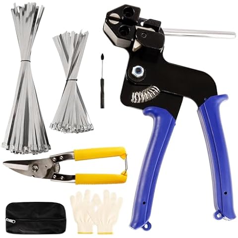 Heavy Steel Zip Ties Tool, Stainless Steel Cable Ties Gun Kit, Metal Zip Ties Tool, Duty Outdoor Adjustable Fastening Cutting Tie Tool Sets with 200pcs Self-Locking Metal Steel Wire Ties (Two Size) Cover