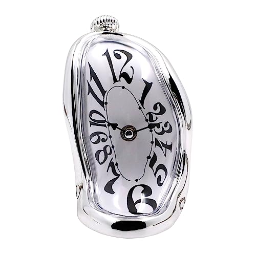 TIMEACT Melting Clock Surrealist Distorted Table Clock Roman Numeral Mantel Clock Twisted Dali Style Timepiece Silver Gold Black White Antique Gold Home Decor (Silve)