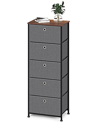 WEEU Gabinete de Almacenamiento Cajonera con 5 Cajónes Almacenaje Armario Alto Estrecho Organizador Cómoda de Tela Vertical para Cocina Dormitorio Entrada Salon Pasillo Madera Metal Gris y Oscuro Cover