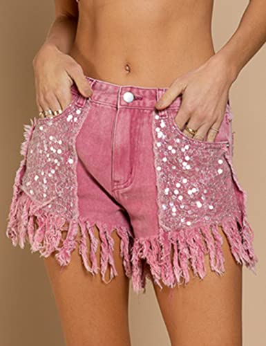 Happlan Women's Sequin Pockets Curly Fringe Casual Denim Shorts (0286-Pink-L) #TOP2