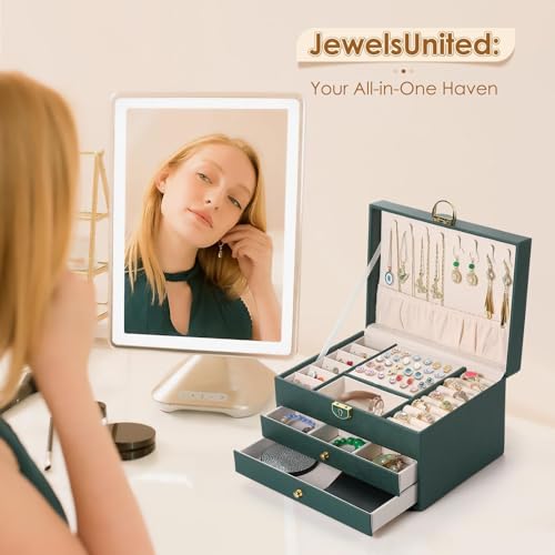 Image of Vlando 3 Layer Jewellery Organiser Box, Large PU Leather Jewelry Storage Case With Drawers, Earrings, Rings, Necklaces Holder | Luxury Jewellery Box For Women & Girls Gift (Green)