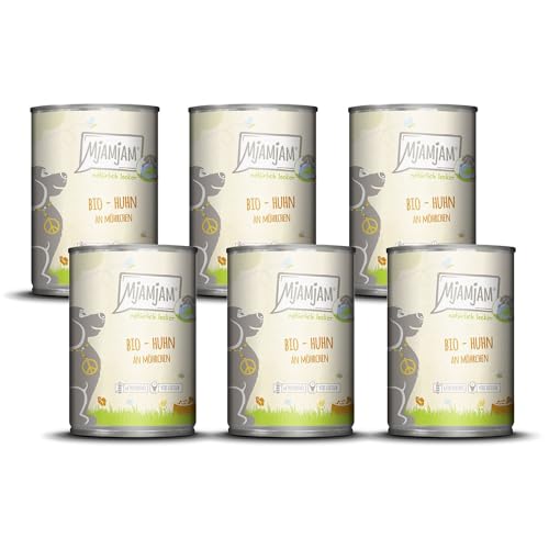 MjAMjAM – Premium Nassfutter für Hunde - natürlich lecker – Bio Huhn an Möhrchen,6er Pack (6 x 400g), getreidefrei mit extra viel Fleisch