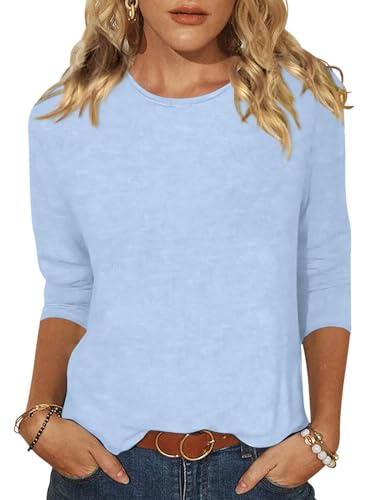 Minetom T-Shirt Damen 3/4 Arm Shirt Rundhals Tshirt Sommer Leichte Pullover Oberteil Einfarbig Basic Tee Tops A Seeblau M z