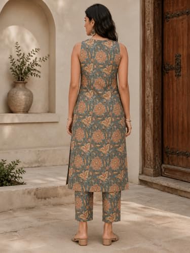 Image of Leriya Fashion Women's Summer Printed Kurta Pant Set | Sleeveless Lightweight Kurti with Palazzo Pants | Kurti Set for Woman | Casual, Office, Vacation & Everyday Outfit | Ethnic Kurta Sets for Woman