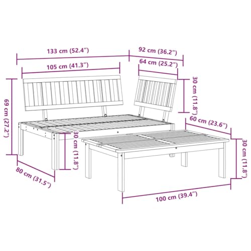 Image of Brown Acacia Wood Outdoor Sectional, 52.4x36.2x27.2 in Modular Patio Couch for Garden Balcony Deck, Seats 3, Oiled Finish, Assembly Needed
