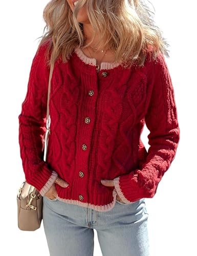 Image of Watashi Long Sleeve Sweater for Women Casual Button Up Colorblock Cable Knit Round Neck Fall Winter Cardigans Coats (US, Alpha, X-Small, Regular, Regular, Red)