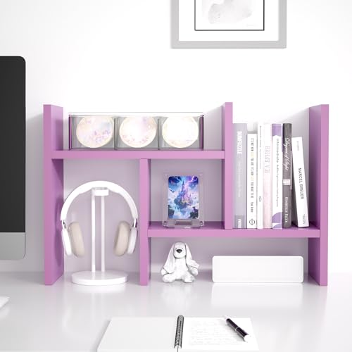 Image of Jerry & Maggie Desktop Organizer Office Storage Rack Adjustable Wood Display Shelf Free Style Double H, Multi-Functional Mini Bookshelf for Desk Natural Stand (Violet /2 Pack)