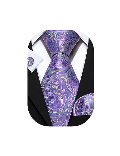 Barry.Wang Mens Tie Set Paisley Light Purple Groom Fashion Necktie Handkerchief Cufflinks Wedding Party Formal