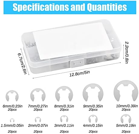 E Circlips, 200pcs Stainless Steel E Clips Assortment, 10 Sizes Snap Opening Ring Circlip Kit, Metal Silver Clips with Plastic Box